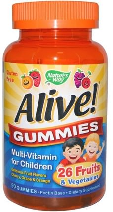 Alive! Gummies, Multi-Vitamin for Children, Cherry, Grape & Orange, 90 Gummies by Natures Way, 維生素，兒童多種維生素 HK 香港